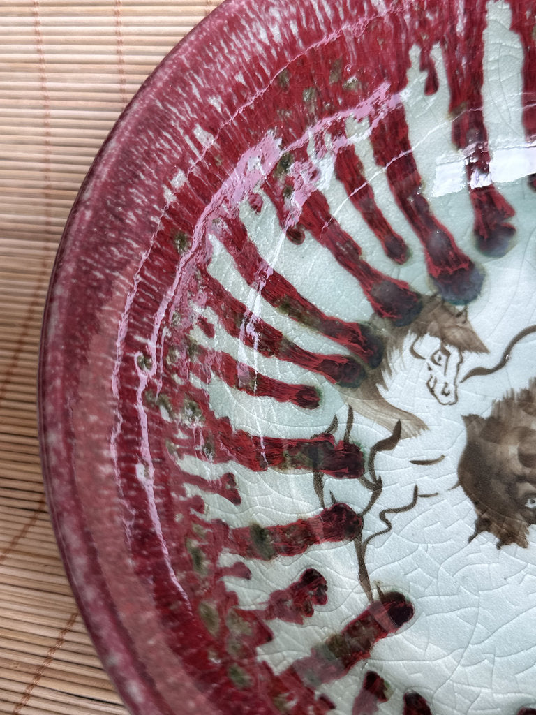 Vintage Japanese Soma Yaki Bowl, Hashiri-Goma Horse Motif, Blue Crackle Glaze