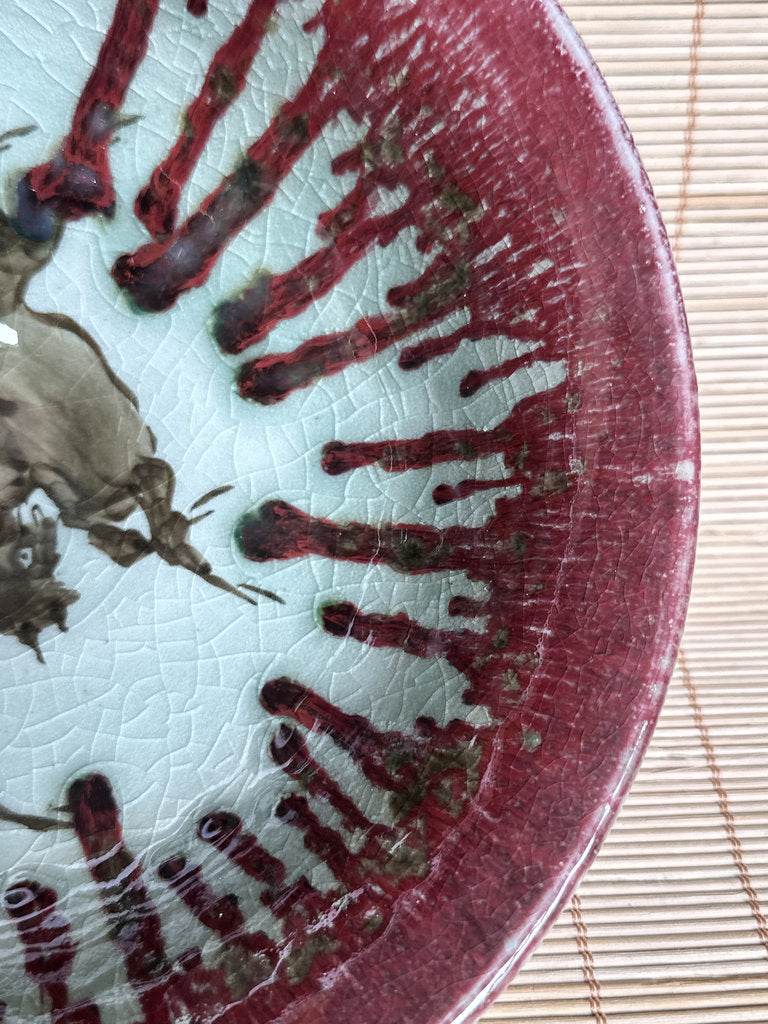 Vintage Japanese Soma Yaki Bowl, Hashiri-Goma Horse Motif, Blue Crackle Glaze