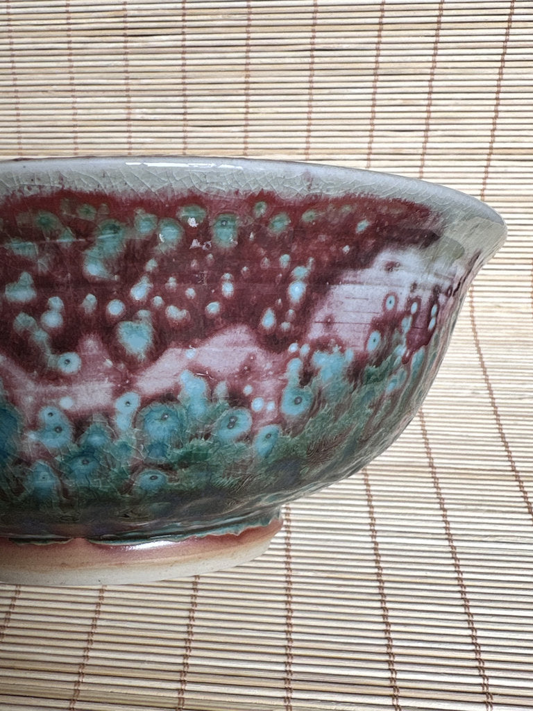 Vintage Japanese Soma Yaki Bowl, Hashiri-Goma Horse Motif, Blue Crackle Glaze