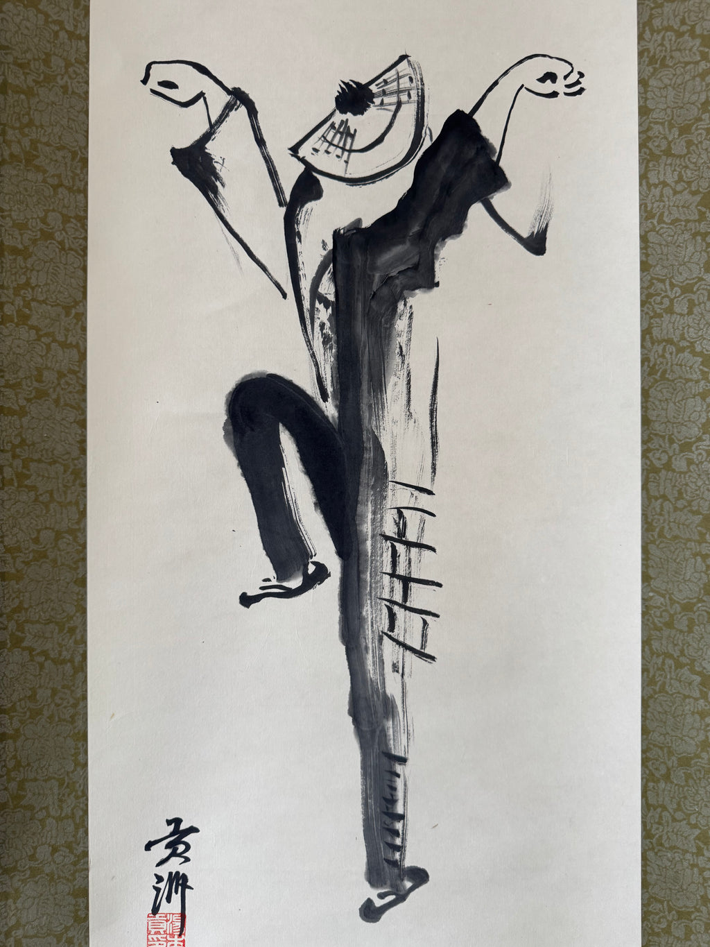 Japanese Zen Calligraphy Kakemono – Expressive Sumi-e Dancing Figure Hanging Scroll
