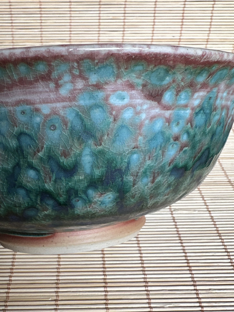 Vintage Japanese Soma Yaki Bowl, Hashiri-Goma Horse Motif, Blue Crackle Glaze