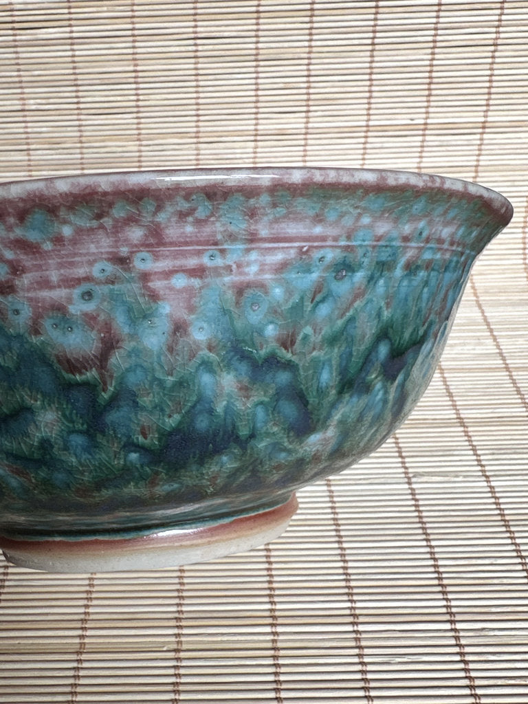 Vintage Japanese Soma Yaki Bowl, Hashiri-Goma Horse Motif, Blue Crackle Glaze
