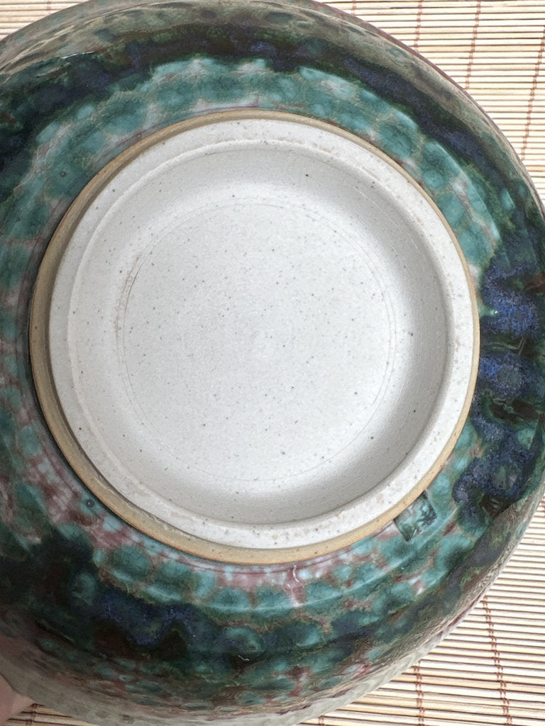 Vintage Japanese Soma Yaki Bowl, Hashiri-Goma Horse Motif, Blue Crackle Glaze