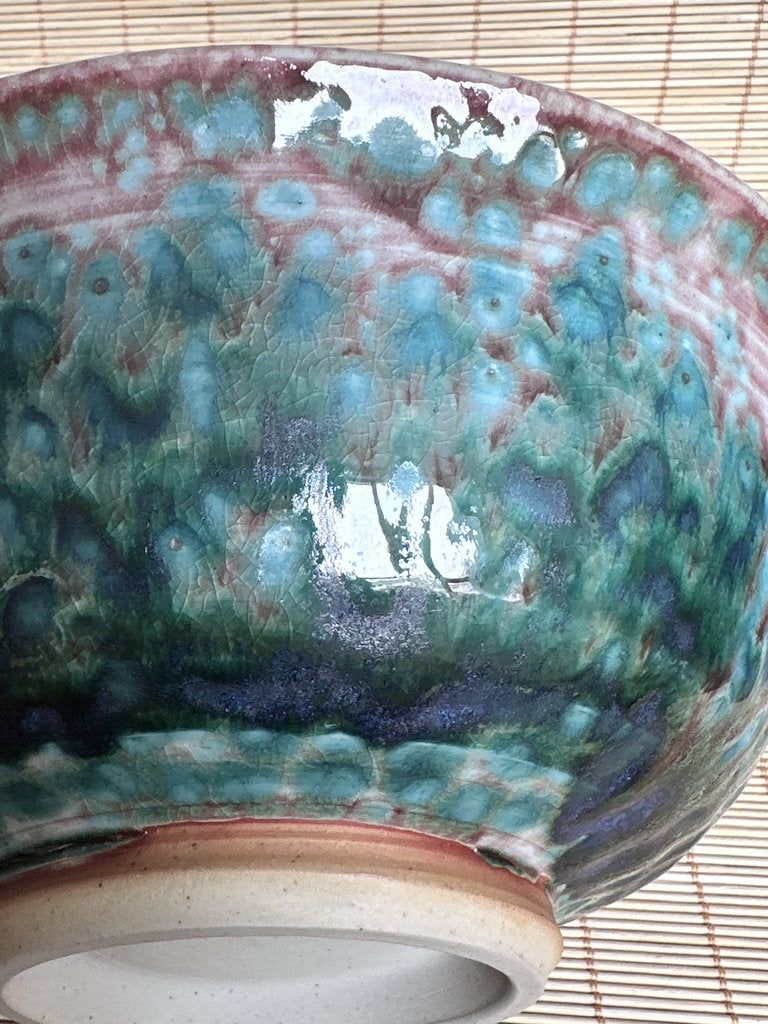 Vintage Japanese Soma Yaki Bowl, Hashiri-Goma Horse Motif, Blue Crackle Glaze