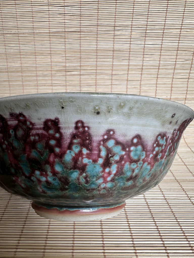 Vintage Japanese Soma Yaki Bowl, Hashiri-Goma Horse Motif, Blue Crackle Glaze