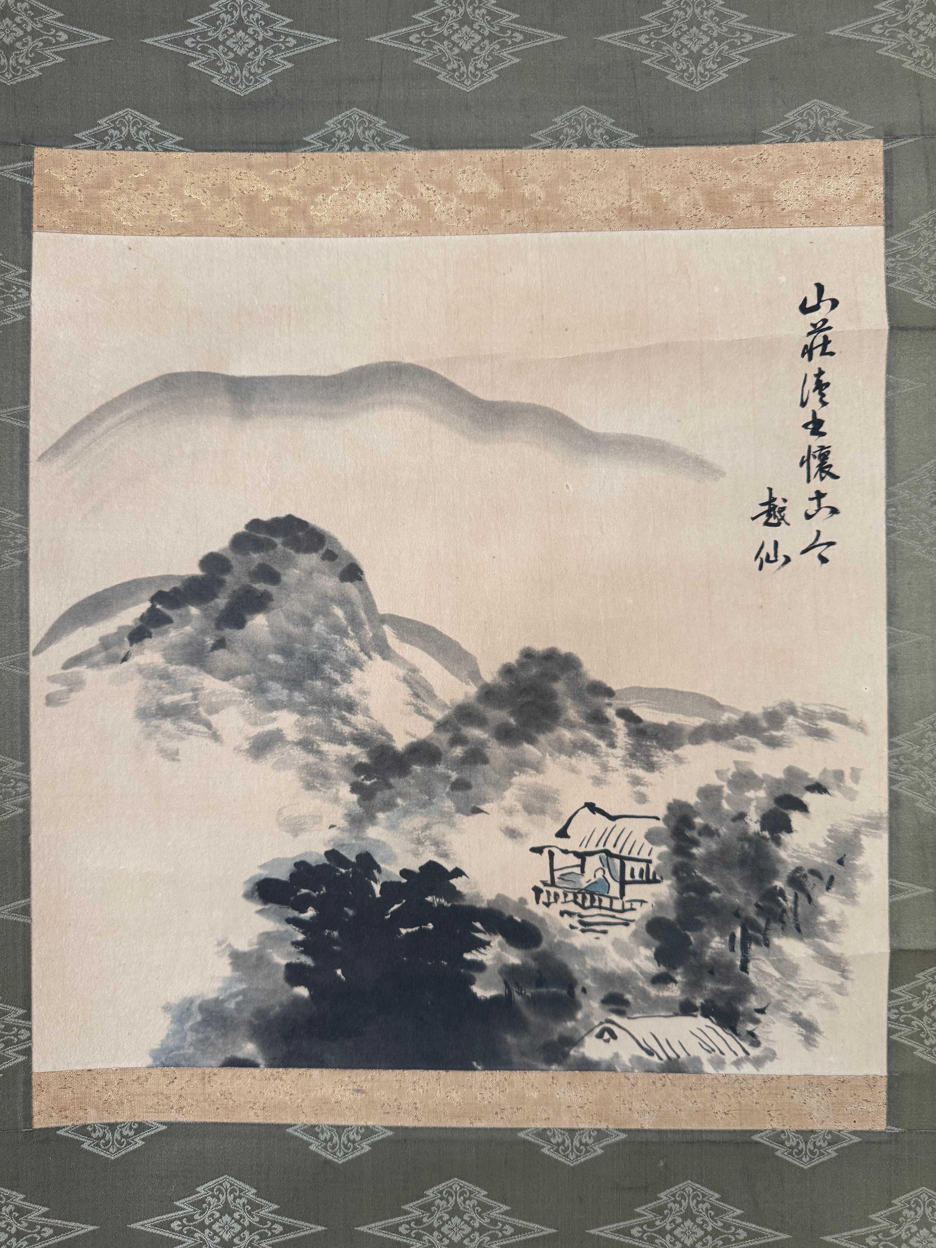 Japanese Zen Mountain Landscape Kakemono – Hand-Painted Sumi-e Hanging Scroll