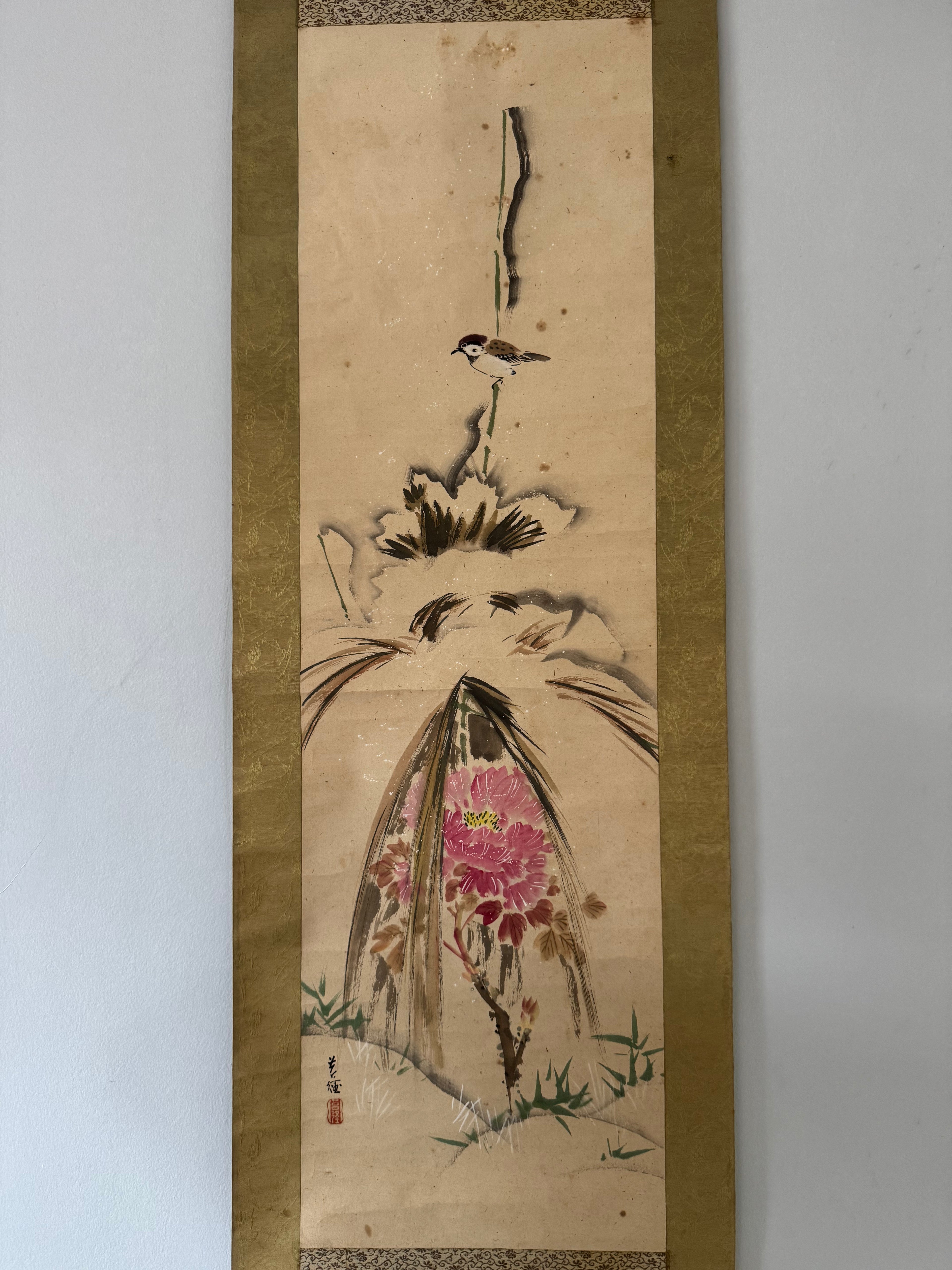 Japanese Bird and Flower Kakemono – Hand-Painted Kacho-ga Sumi-e Hanging Scroll