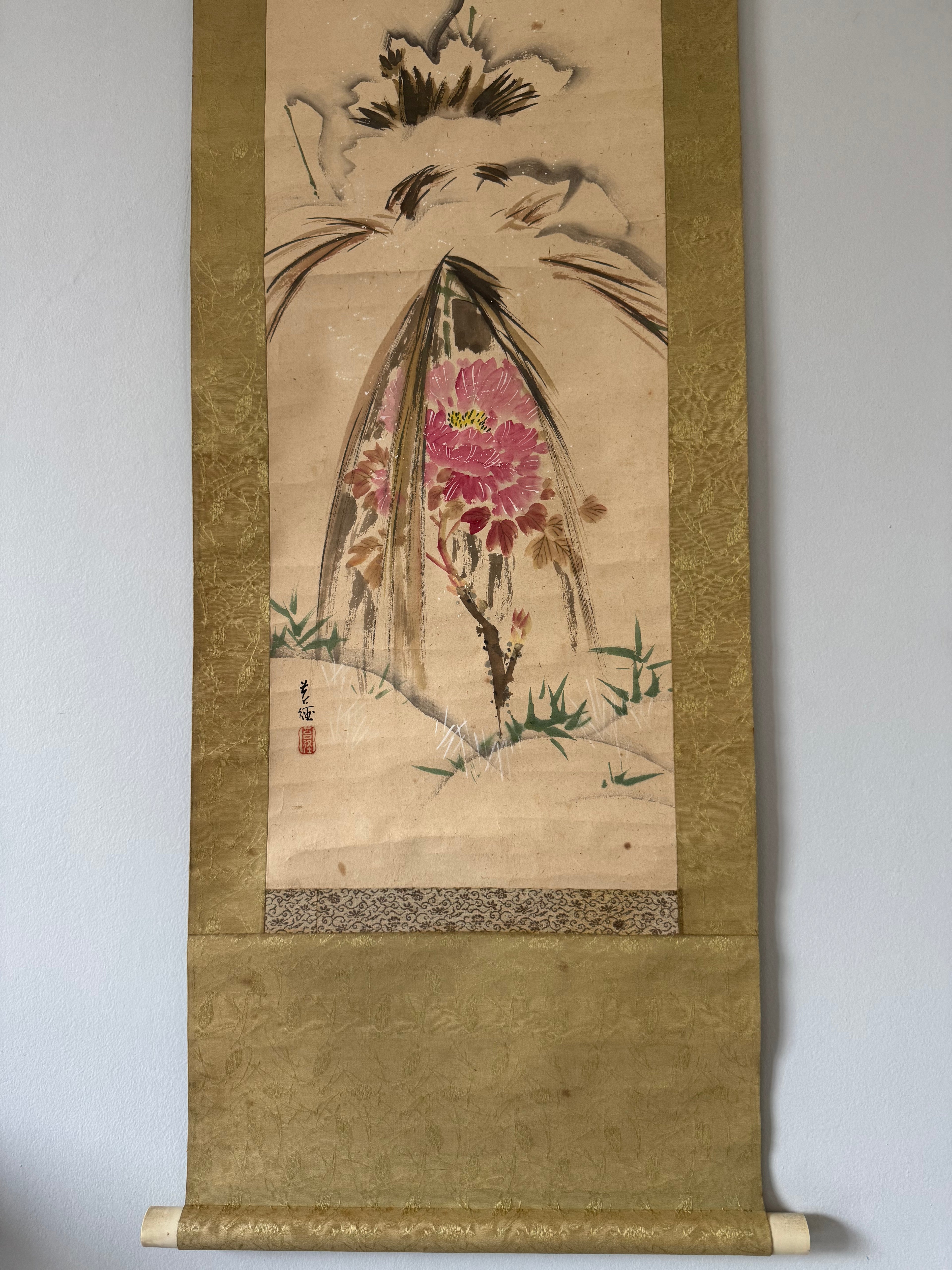 Japanese Bird and Flower Kakemono – Hand-Painted Kacho-ga Sumi-e Hanging Scroll