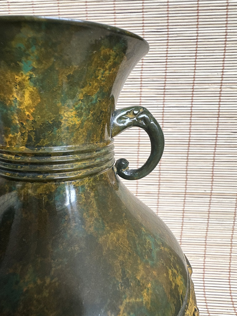 Vintage Japanese Bronze Vase, Taotie Motif, Takaoka Style Archaistic Urn