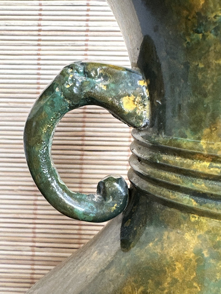 Vintage Japanese Bronze Vase, Taotie Motif, Takaoka Style Archaistic Urn