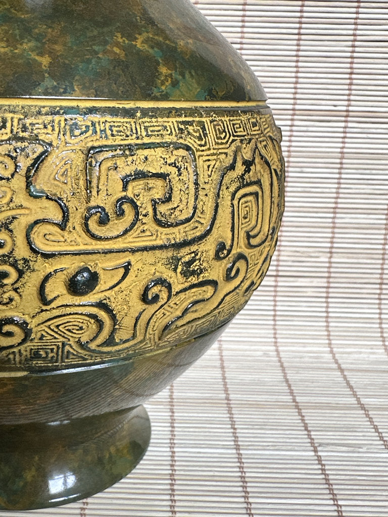 Vintage Japanese Bronze Vase, Taotie Motif, Takaoka Style Archaistic Urn