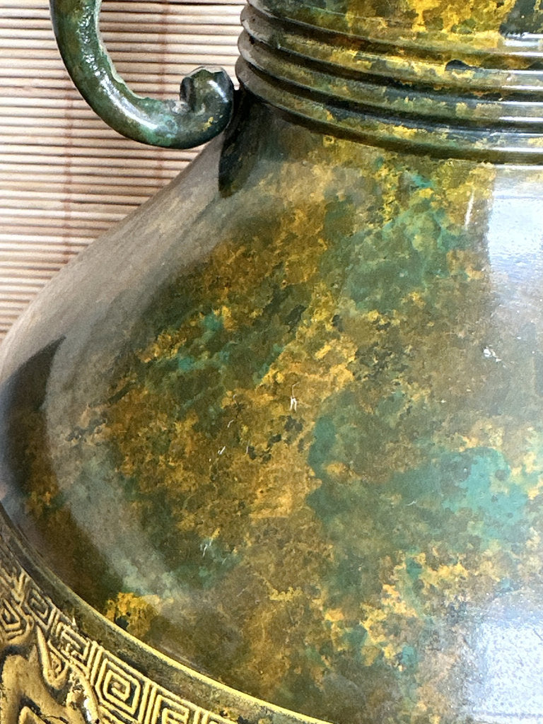 Vintage Japanese Bronze Vase, Taotie Motif, Takaoka Style Archaistic Urn