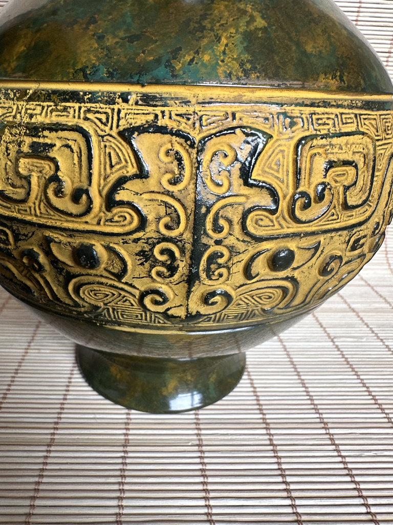 Vintage Japanese Bronze Vase, Taotie Motif, Takaoka Style Archaistic Urn
