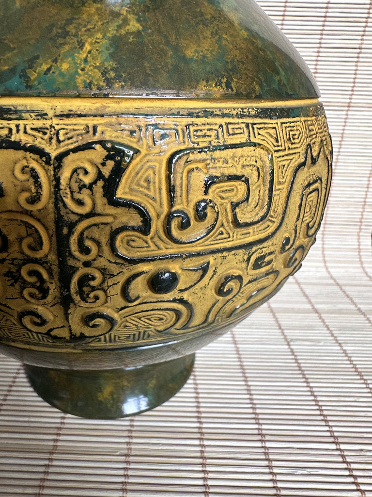 Vintage Japanese Bronze Vase, Taotie Motif, Takaoka Style Archaistic Urn