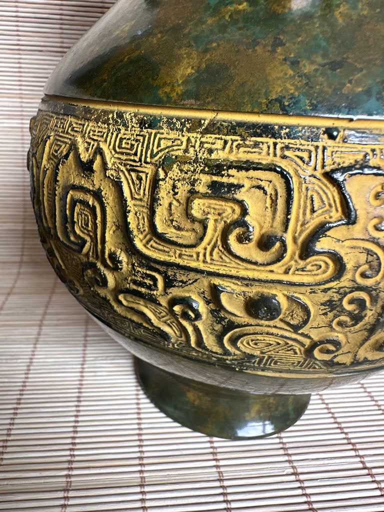 Vintage Japanese Bronze Vase, Taotie Motif, Takaoka Style Archaistic Urn