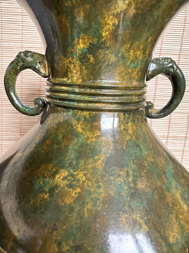 Vintage Japanese Bronze Vase, Taotie Motif, Takaoka Style Archaistic Urn