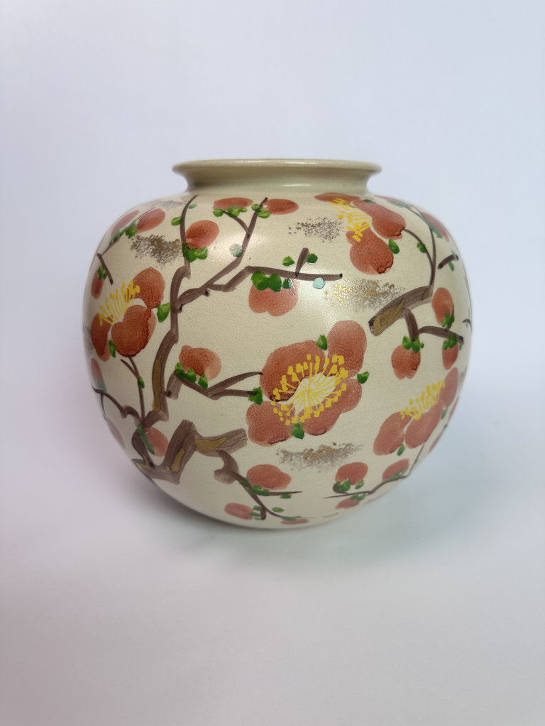 Vintage Japanese Kiyomizu-yaki Vase, Hand Painted Plum Blossom, Kyoto Ceramic