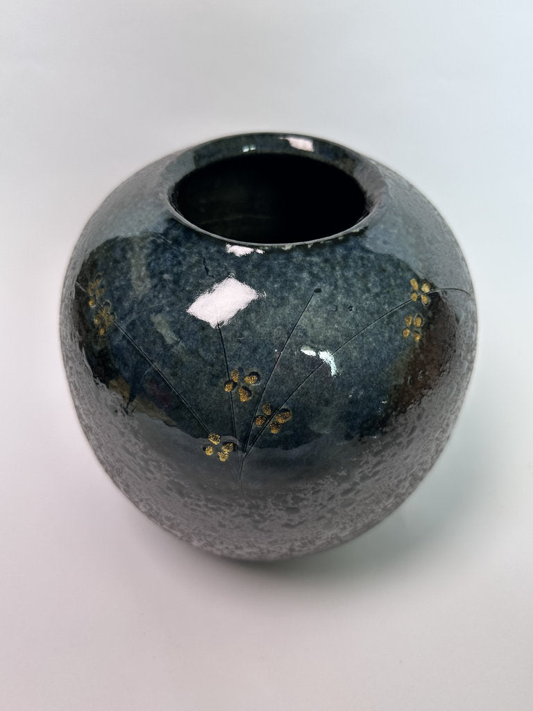 Vintage Japanese Ceramic Vase, Plum Blossom Gold Accent, Speckled Glaze Art