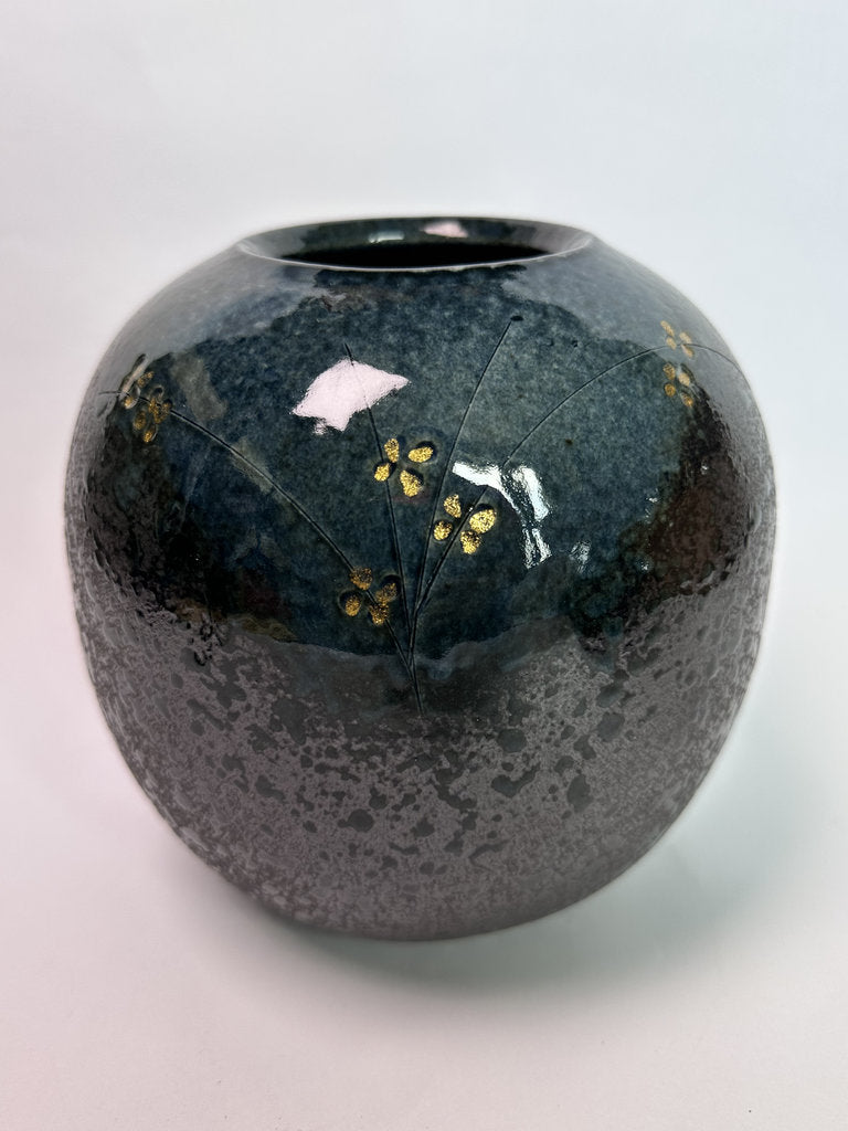 Vintage Japanese Ceramic Vase, Plum Blossom Gold Accent, Speckled Glaze Art