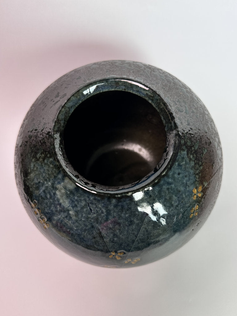 Vintage Japanese Ceramic Vase, Plum Blossom Gold Accent, Speckled Glaze Art