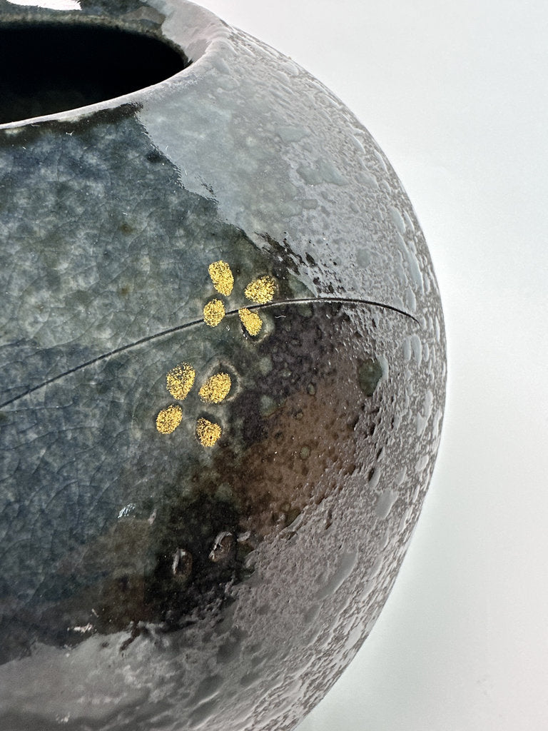 Vintage Japanese Ceramic Vase, Plum Blossom Gold Accent, Speckled Glaze Art