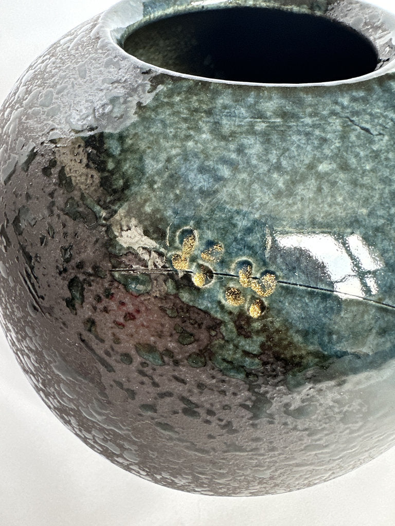 Vintage Japanese Ceramic Vase, Plum Blossom Gold Accent, Speckled Glaze Art