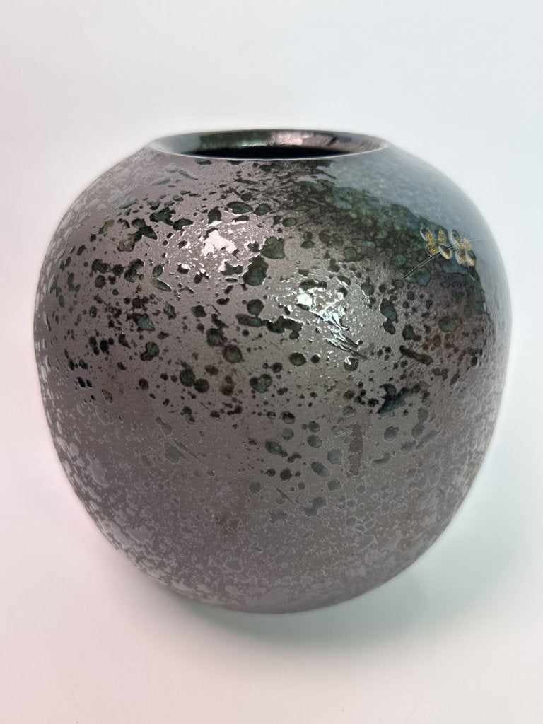 Vintage Japanese Ceramic Vase, Plum Blossom Gold Accent, Speckled Glaze Art