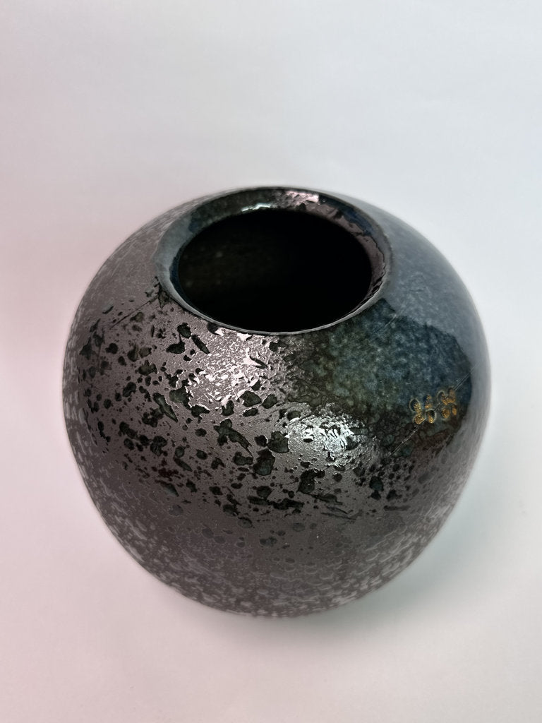 Vintage Japanese Ceramic Vase, Plum Blossom Gold Accent, Speckled Glaze Art