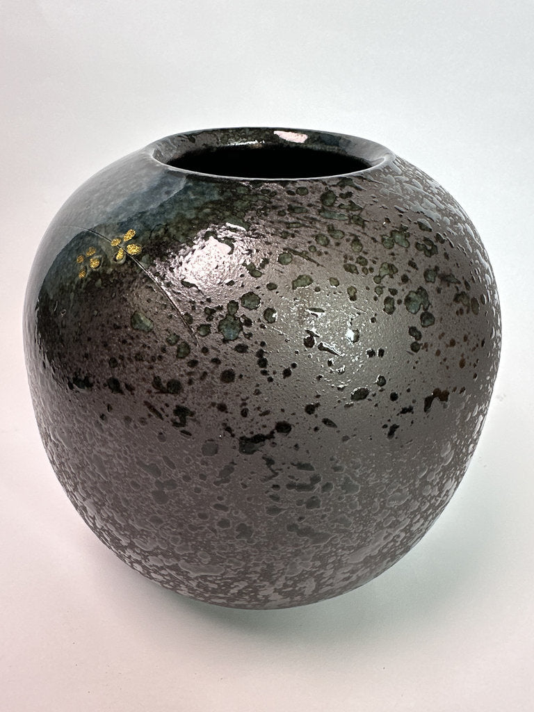 Vintage Japanese Ceramic Vase, Plum Blossom Gold Accent, Speckled Glaze Art