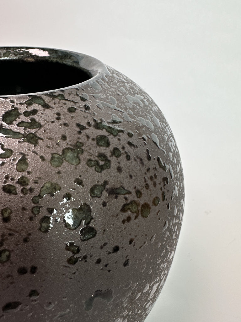 Vintage Japanese Ceramic Vase, Plum Blossom Gold Accent, Speckled Glaze Art