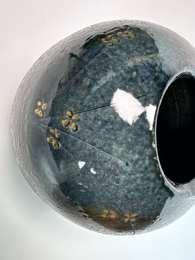 Vintage Japanese Ceramic Vase, Plum Blossom Gold Accent, Speckled Glaze Art