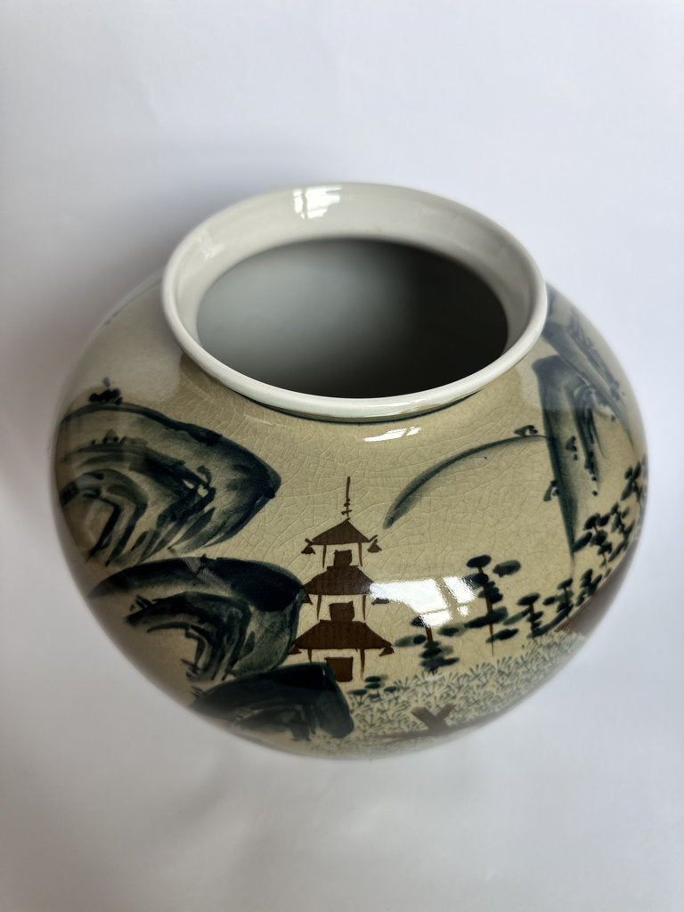 Vintage Japanese Ceramic Jar, Retirement Gift Inscription, Sansui Landscape Vase