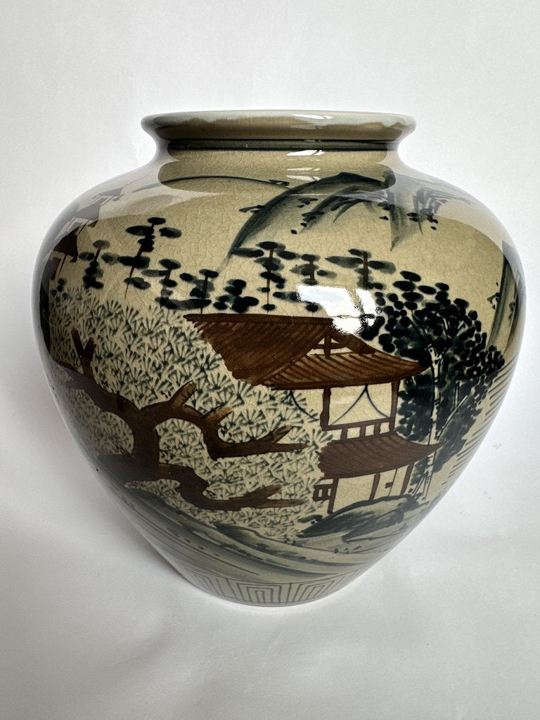 Vintage Japanese Ceramic Jar, Retirement Gift Inscription, Sansui Landscape Vase