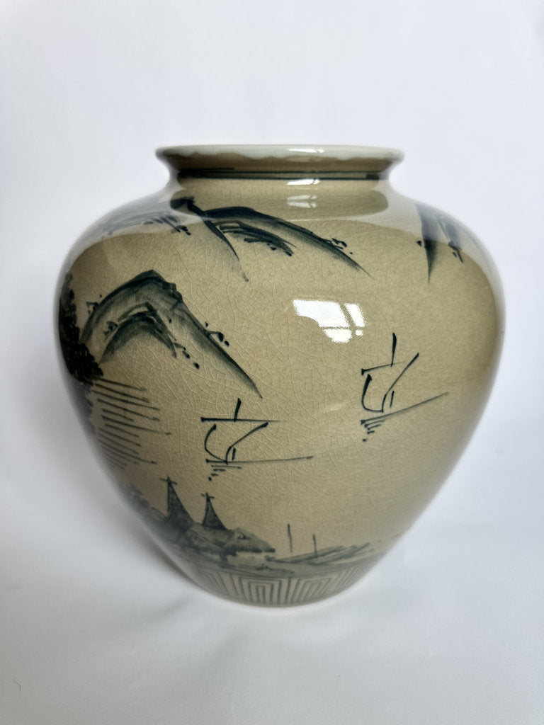 Vintage Japanese Ceramic Jar, Retirement Gift Inscription, Sansui Landscape Vase