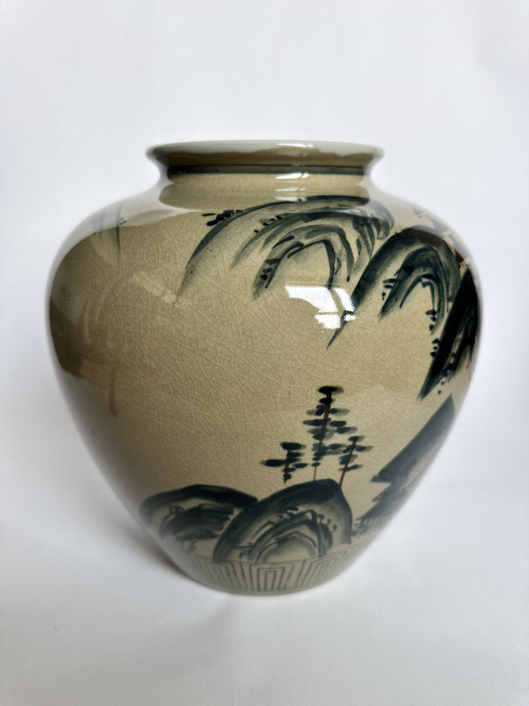 Vintage Japanese Ceramic Jar, Retirement Gift Inscription, Sansui Landscape Vase