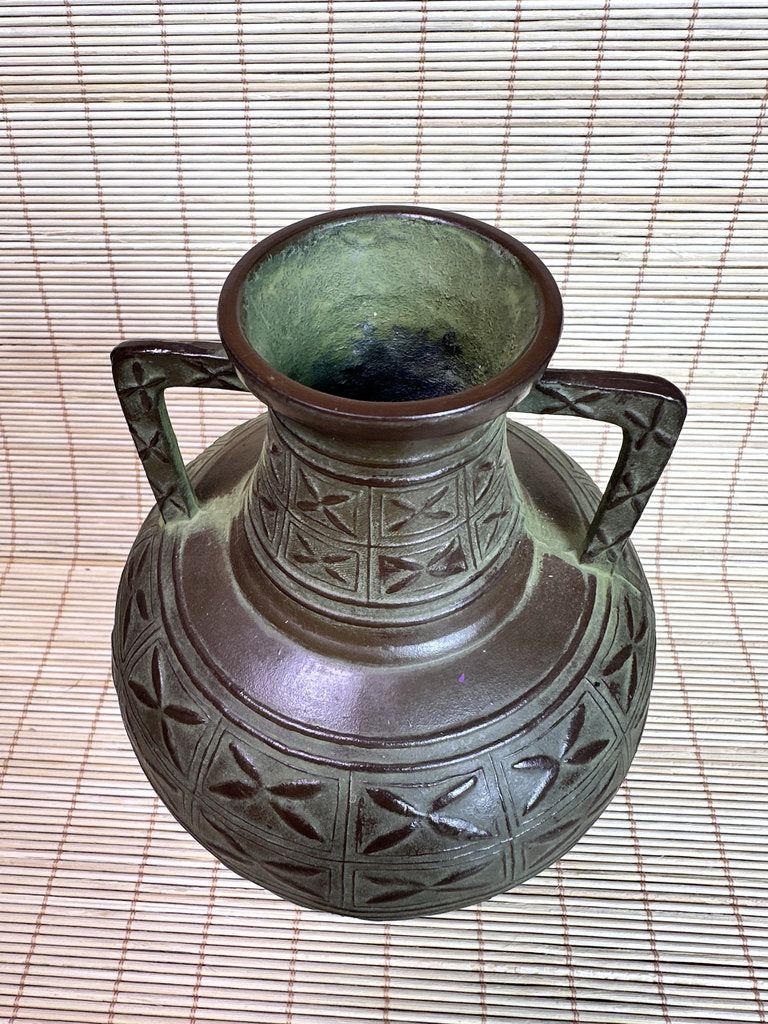 Vintage Japanese Bronze Vase, Meiji Export Style, Geometric Relief Pattern