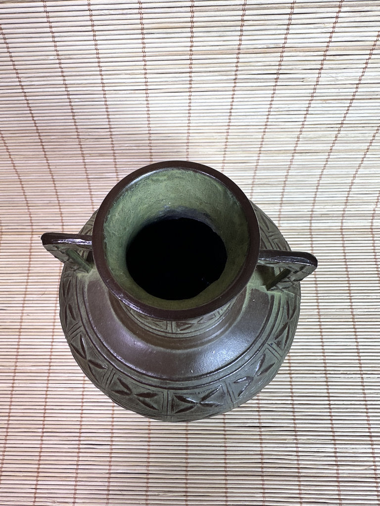 Vintage Japanese Bronze Vase, Meiji Export Style, Geometric Relief Pattern