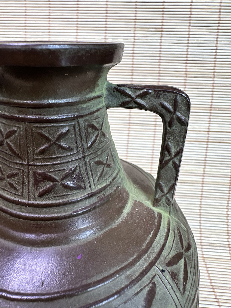 Vintage Japanese Bronze Vase, Meiji Export Style, Geometric Relief Pattern