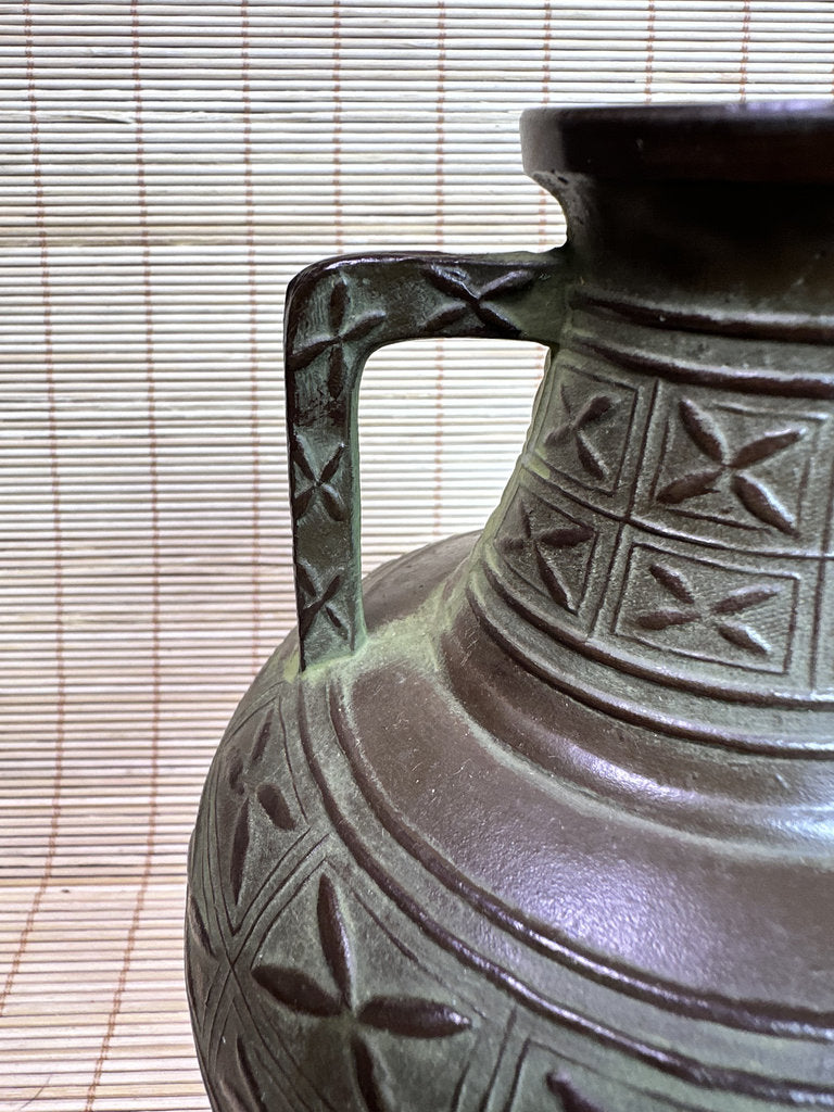 Vintage Japanese Bronze Vase, Meiji Export Style, Geometric Relief Pattern