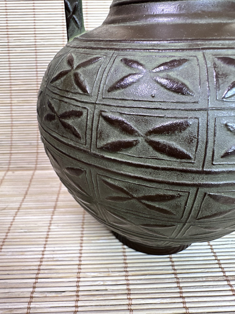 Vintage Japanese Bronze Vase, Meiji Export Style, Geometric Relief Pattern