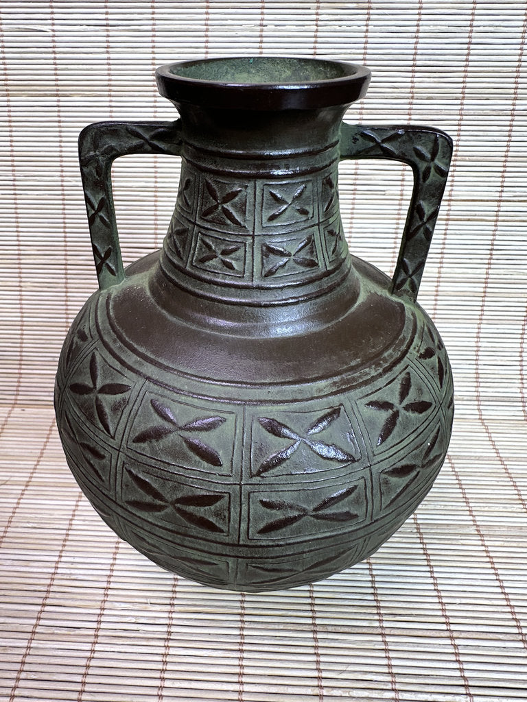 Vintage Japanese Bronze Vase, Meiji Export Style, Geometric Relief Pattern