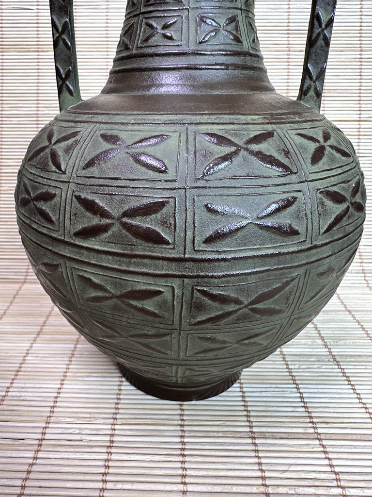 Vintage Japanese Bronze Vase, Meiji Export Style, Geometric Relief Pattern