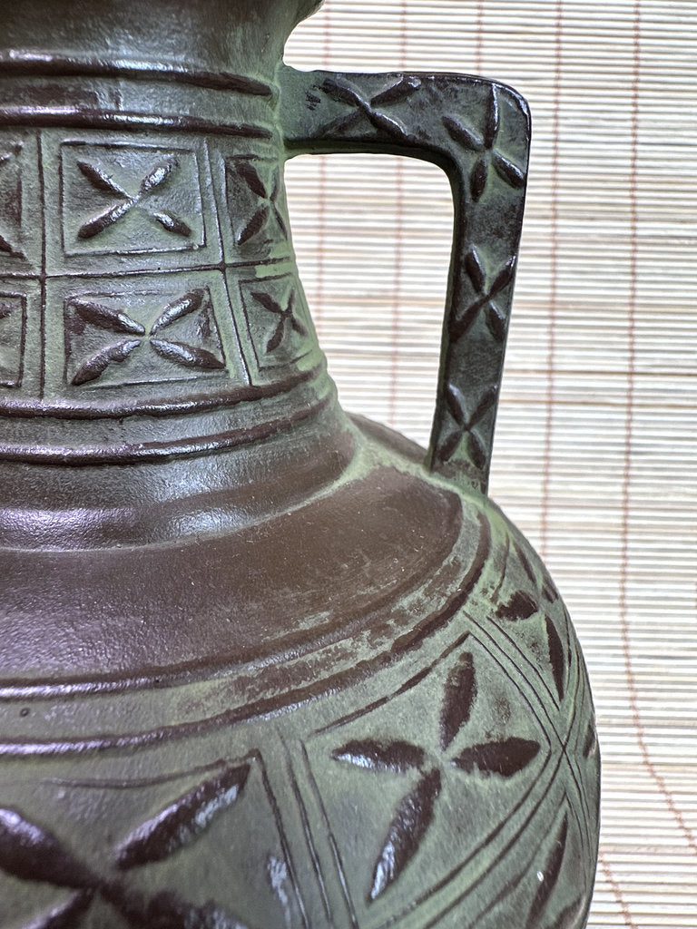 Vintage Japanese Bronze Vase, Meiji Export Style, Geometric Relief Pattern