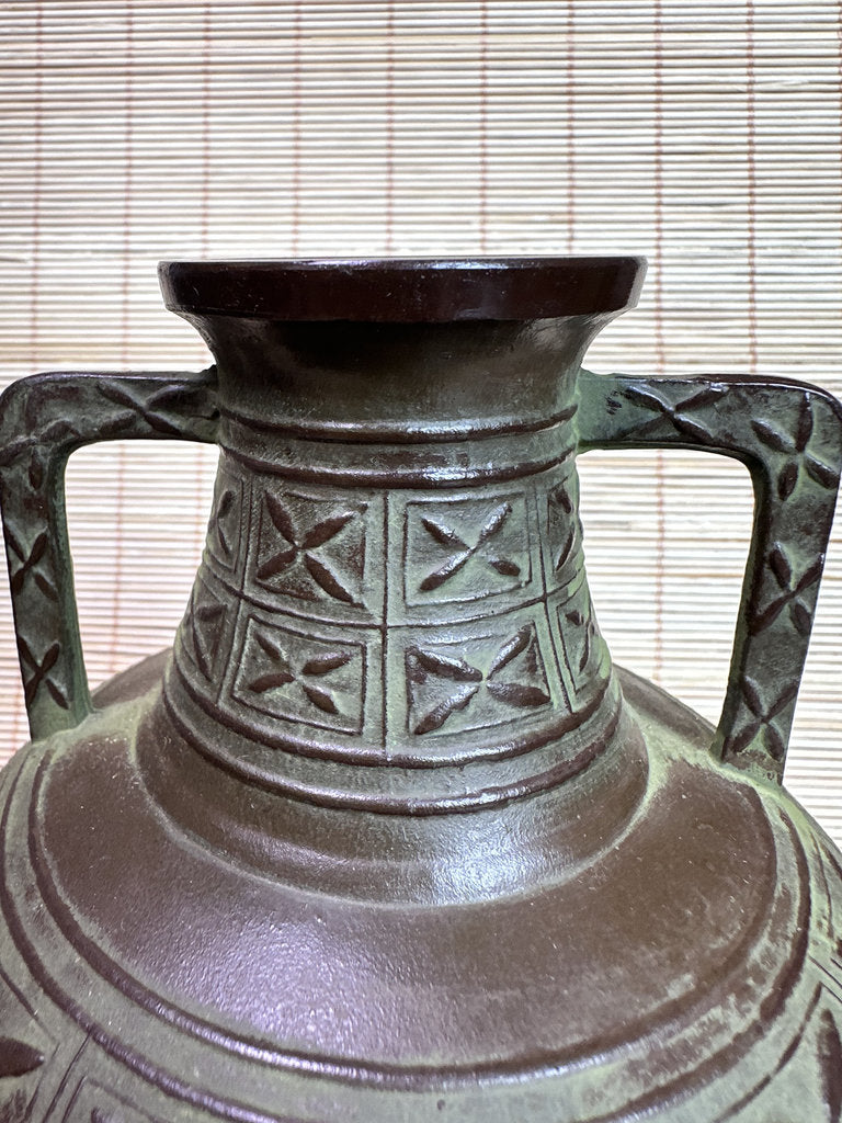 Vintage Japanese Bronze Vase, Meiji Export Style, Geometric Relief Pattern