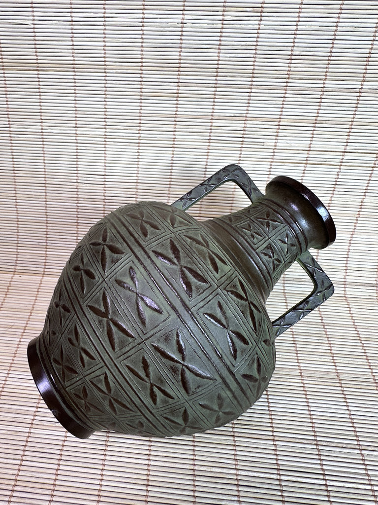 Vintage Japanese Bronze Vase, Meiji Export Style, Geometric Relief Pattern