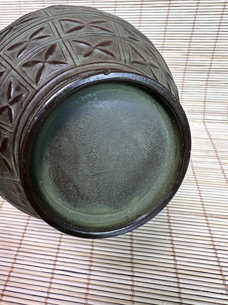 Vintage Japanese Bronze Vase, Meiji Export Style, Geometric Relief Pattern