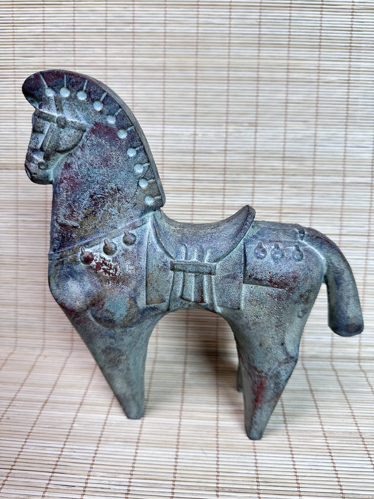 Vintage Japanese Bronze Haniwa Horse Statue, Kofun Era Style, Ancient Motif