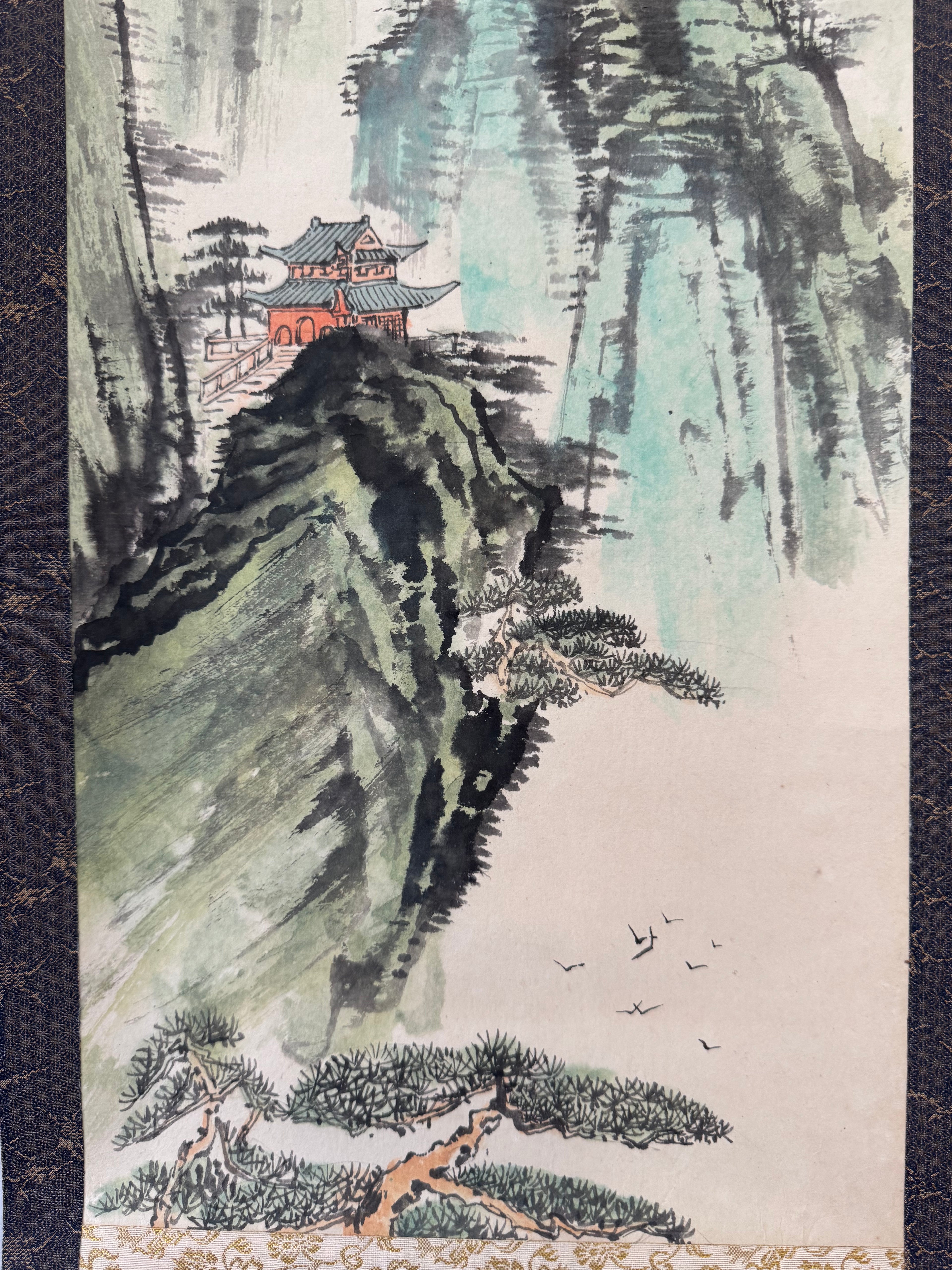 Japanese Mountain Landscape Kakemono – Hand-Painted Literati Scroll – Zen Nature Wall Art