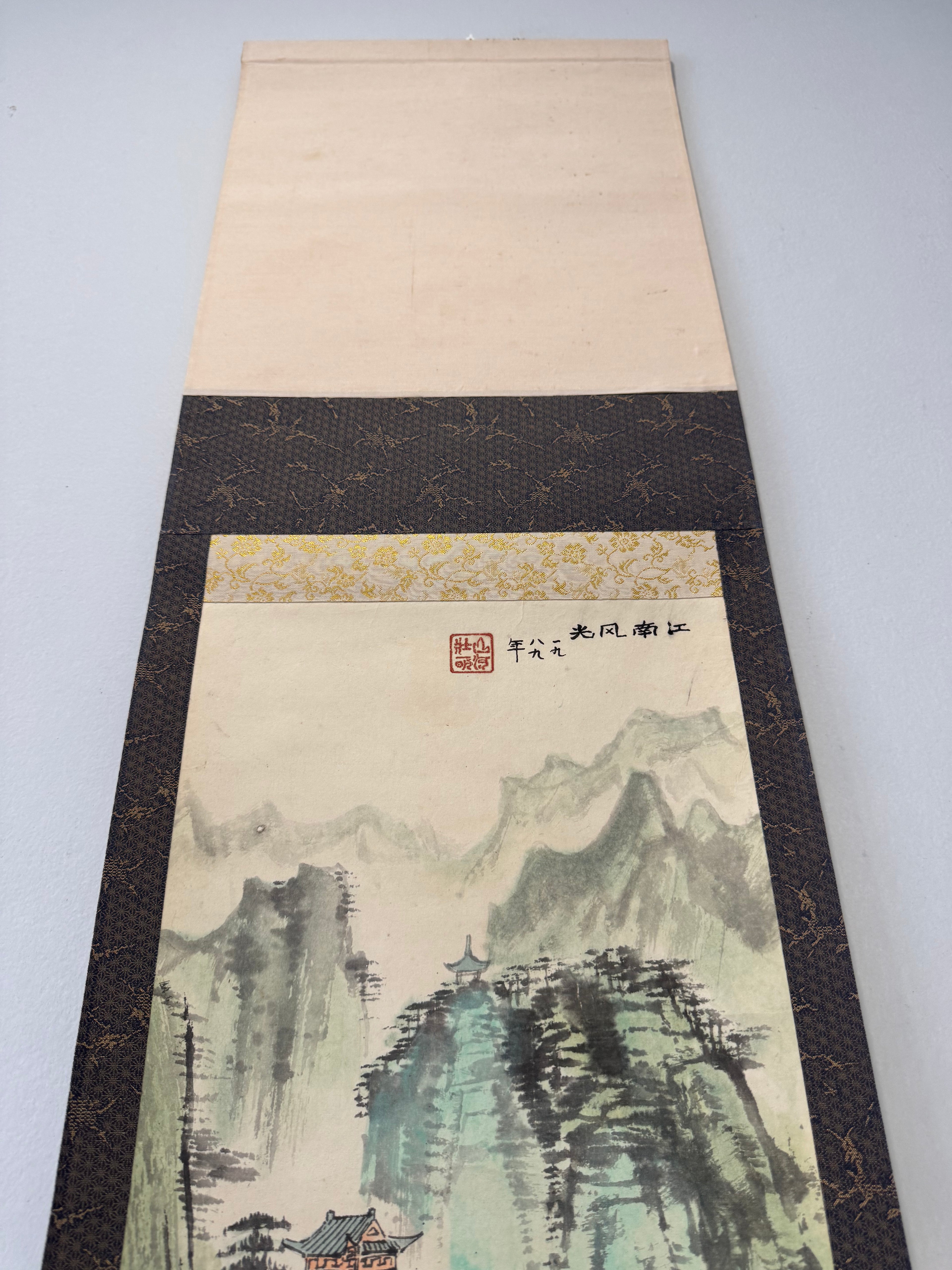 Japanese Mountain Landscape Kakemono – Hand-Painted Literati Scroll – Zen Nature Wall Art