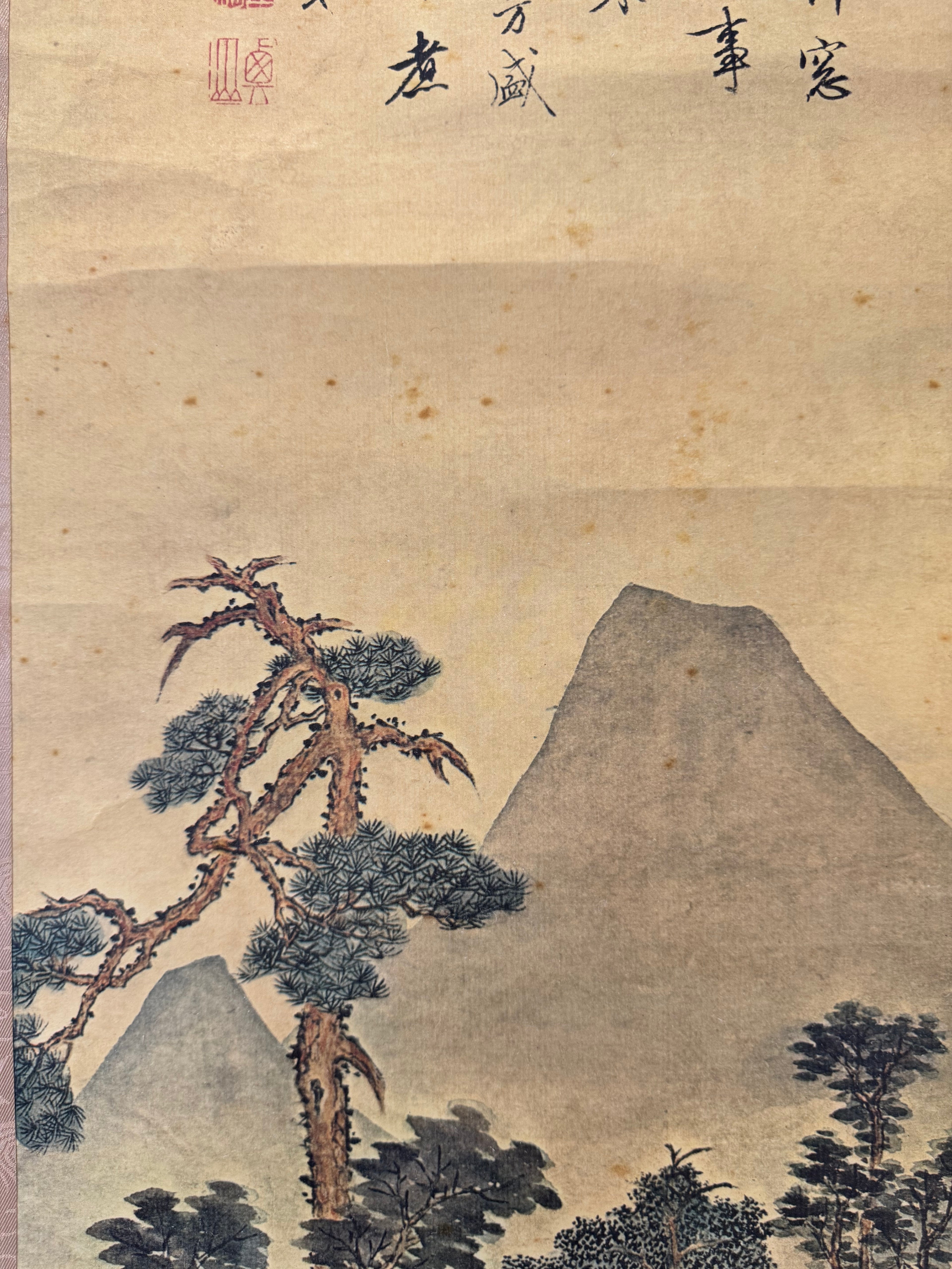 Japanese Landscape Kakemono with Calligraphy – Edo Literati Style Mountain Village Scroll